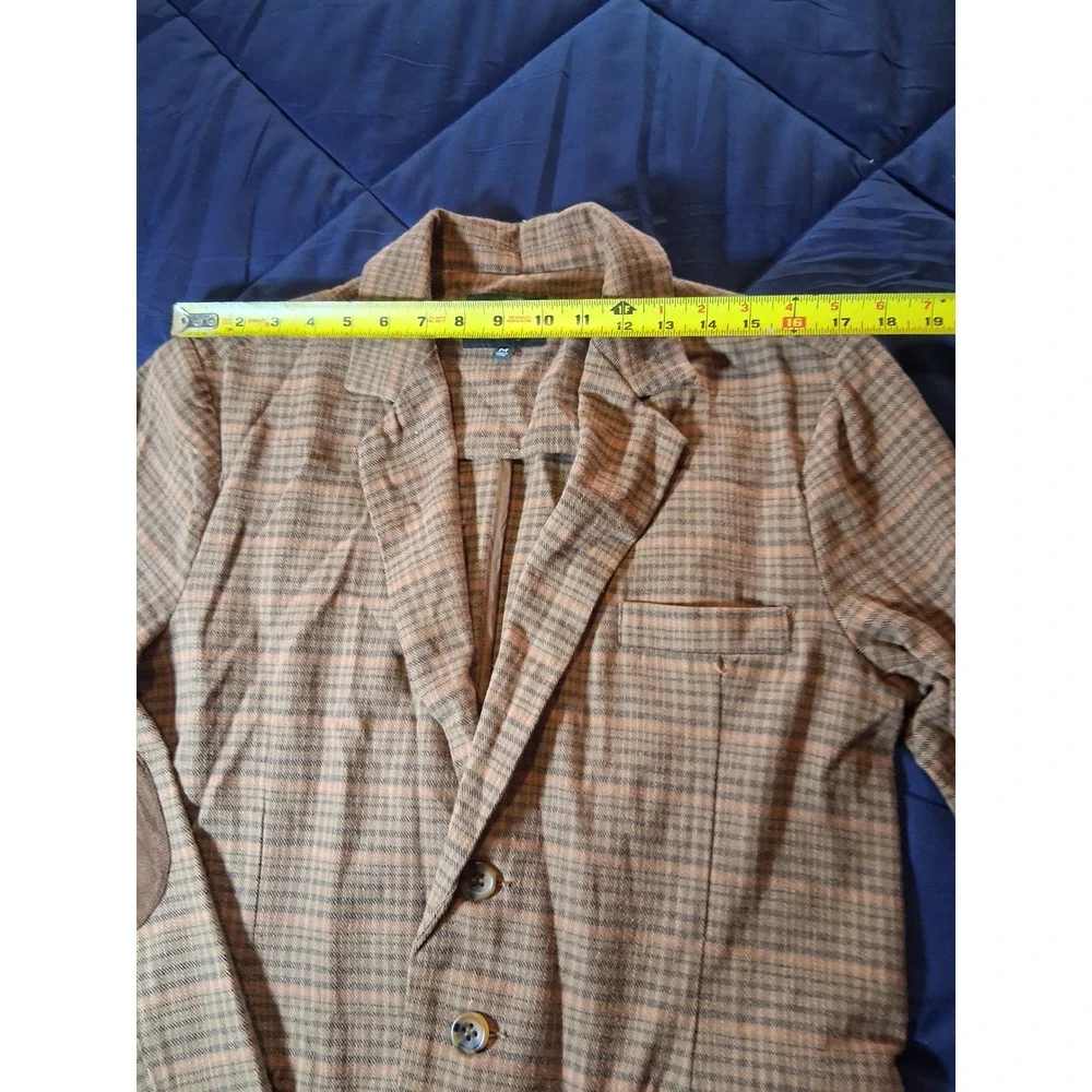 Rude XXX‎ Mens Brown Plaid Blazer Jacket with Elbow Patches Size Medium Academic